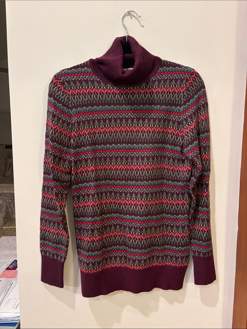 L.L. Bean Burgundy Fair Isle Royal Palm Cashmere Blend Turtleneck Sweater,M,NWT